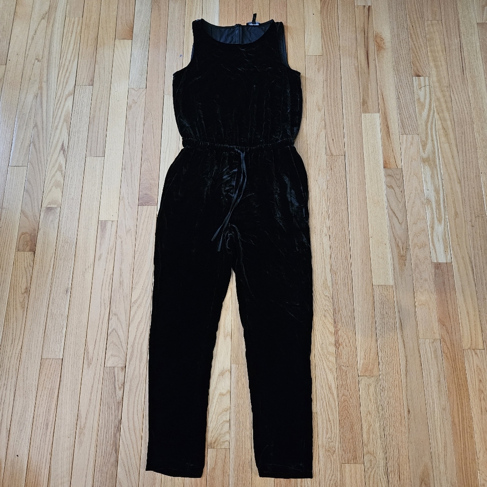 Eileen Fisher Womens Jumpsuit XXS Crushed Velvet Black Witchy Romantic Goth Silk